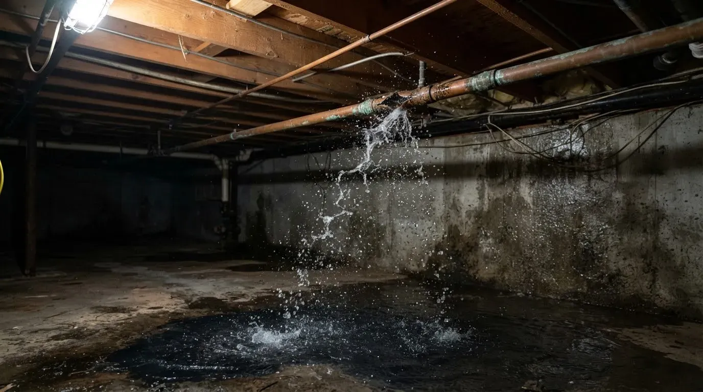 A burst copper pipe spraying water onto an unfinished basement floor