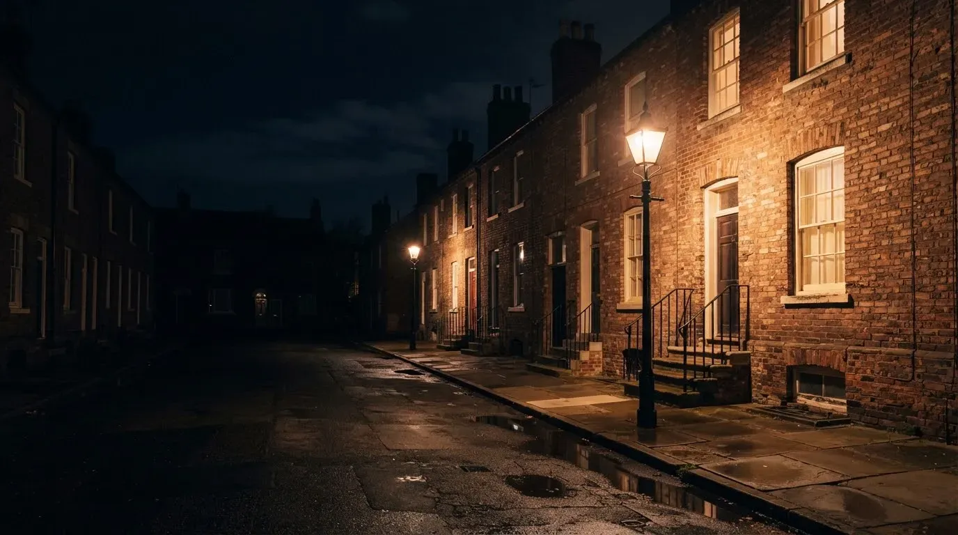 A quiet street of brick row houses at night under old lamp posts