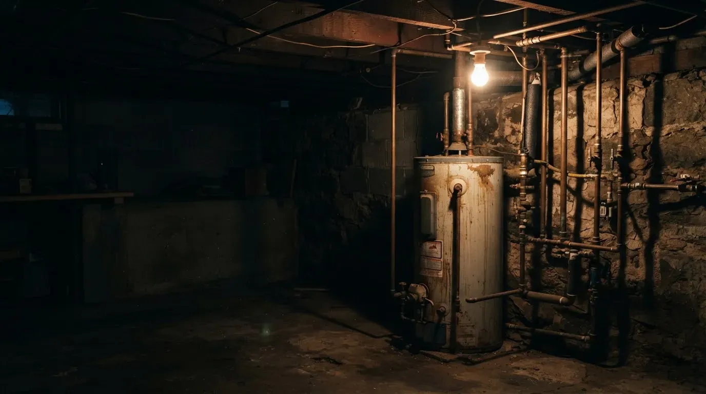 An old water heater and pipes in a stone basement lit by one bare bulb
