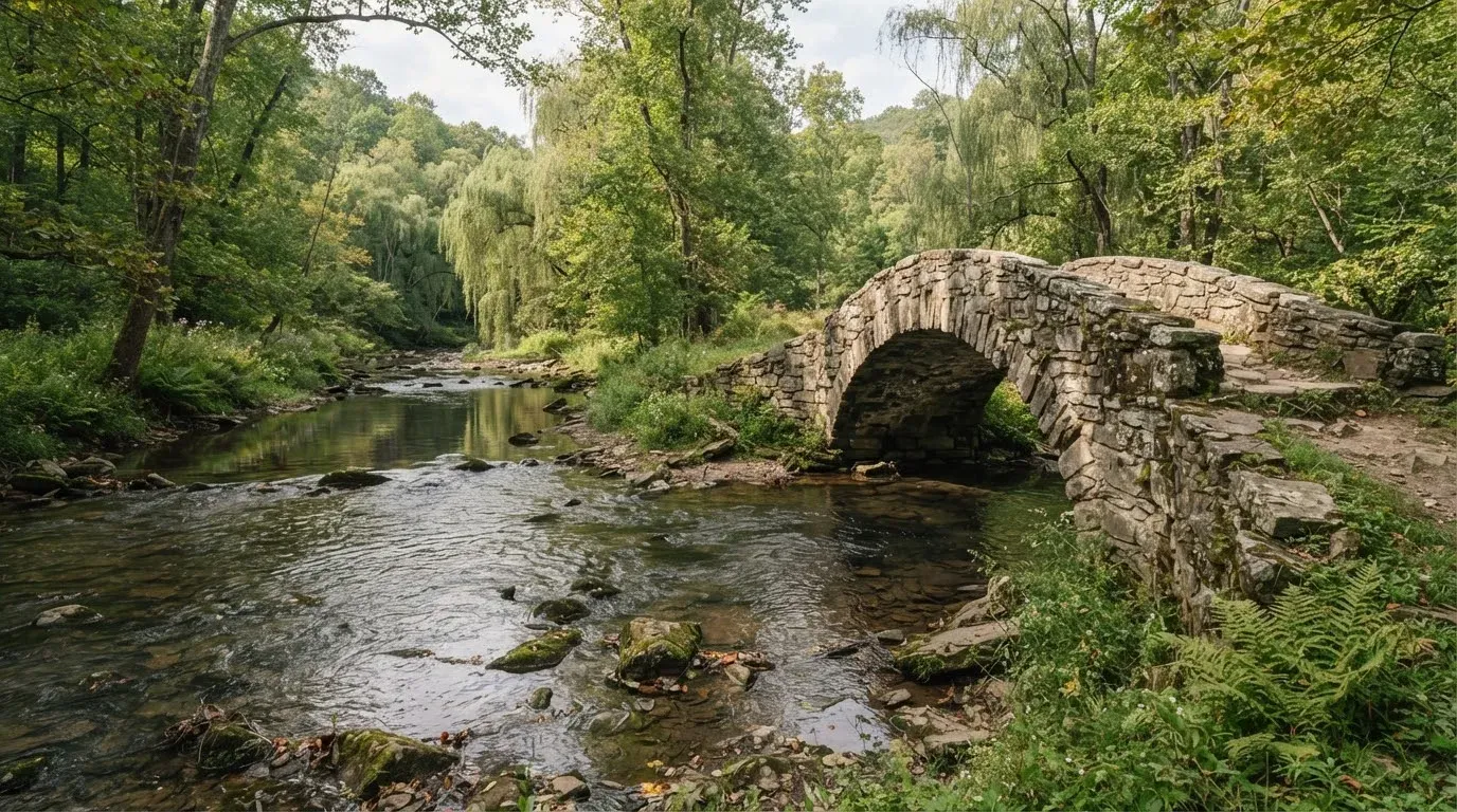 An old stone arch bridge over a shallow creek