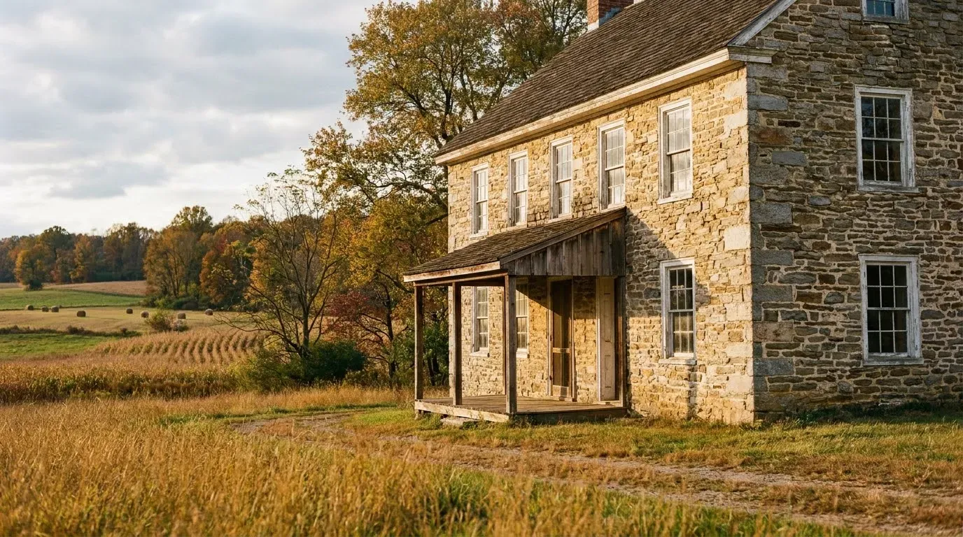 An old fieldstone farmhouse with a wooden porch beside autumn farmland