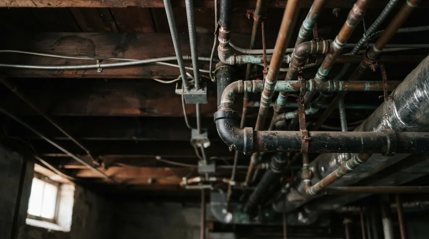 Looking up at old copper and cast iron pipes running under basement joists