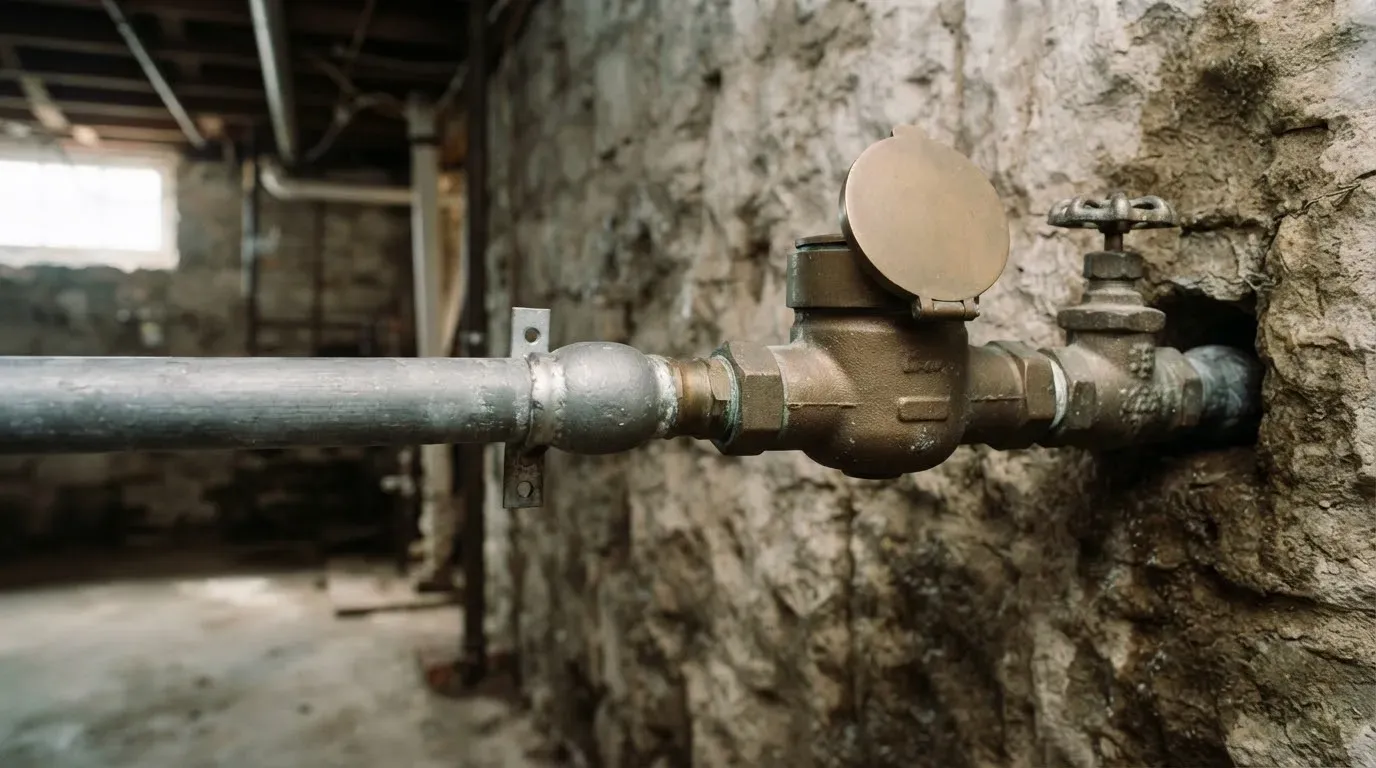 A dull gray lead service pipe with a wiped joint entering a basement through a stone wall to the water meter