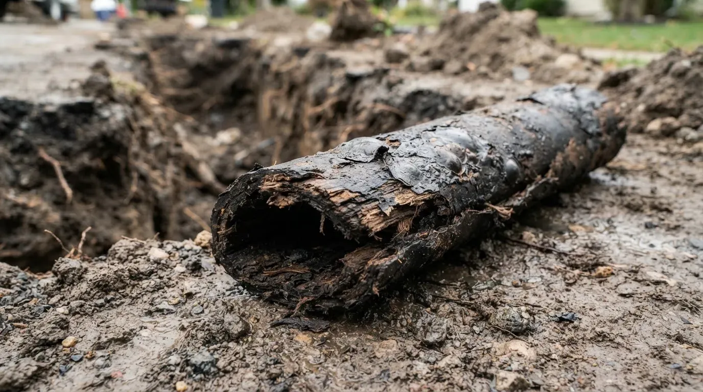 A section of old fiber sewer pipe dug up, crushed out of round and blistered