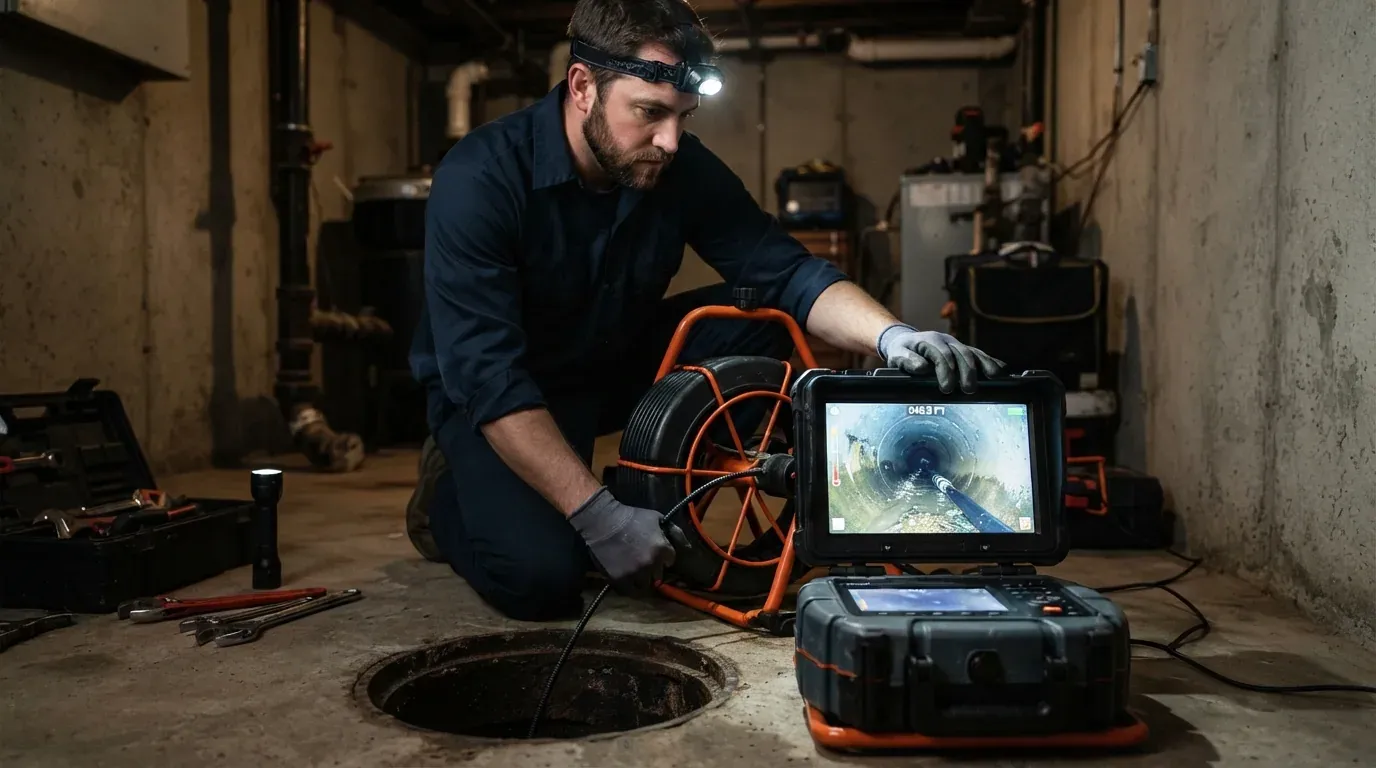 A sewer inspection camera feeding a color monitor during a drain survey